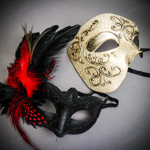 Silver Phantom Half Face Mask & Black & Red Venetian Eye Mask Couple Mask Set