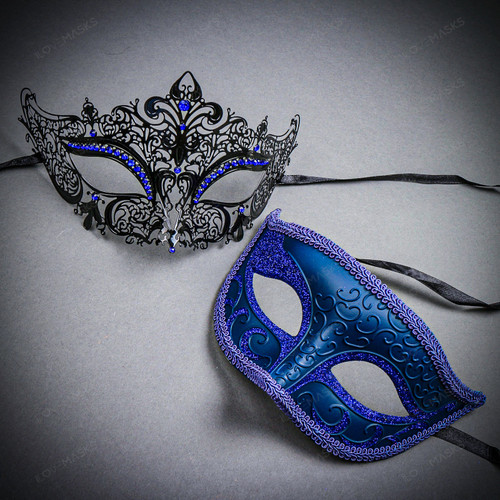 Black & Blue Butterfly Masquerade Mask & Blue Masquerade Mask Couple Mask Set