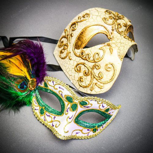 Gold Phantom Half Face Mask & Green & Yellow Masquerade Mask Couple Mask Set