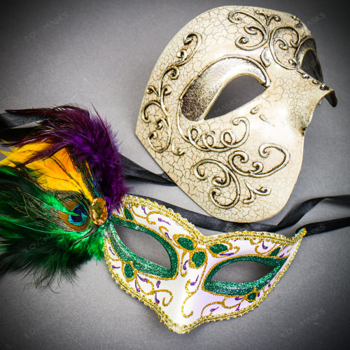 Silver Phantom Half Face Mask & Green & Yellow Masquerade Mask Couple Mask Set
