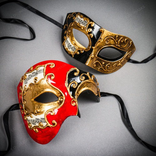 Red & Black Venetian Bauta Mask & Black & Gold Venetian Eye Mask Couple Mask Set