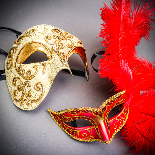 Gold Phantom Half Face Mask & Gold & Red Glitter Feather Eye Mask Couple Mask Set