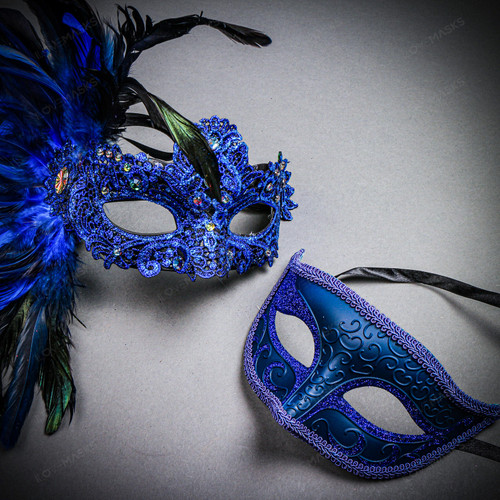 Blue Feather Venetian Mask & Blue Masquerade Mask Couple Mask Set