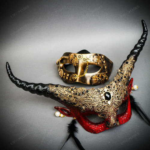 Black & Gold Venetian Jester Mask & Red & Black Horned Devil Eye Mask Couple Mask Set