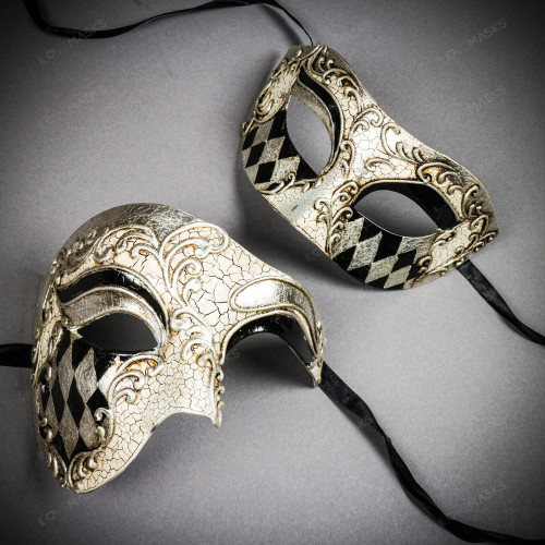 White & Silver Venetian Phantom Mask & White & Silver Venetian Eye Mask Couple Mask Set
