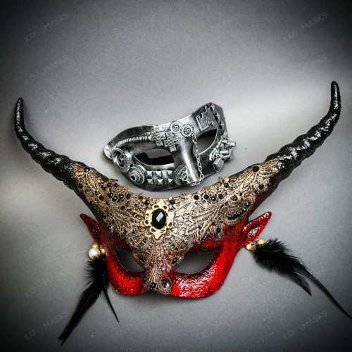 Black & Silver Venetian Steampunk Mask & Red & Black Horned Devil Eye Mask Couple Mask Set