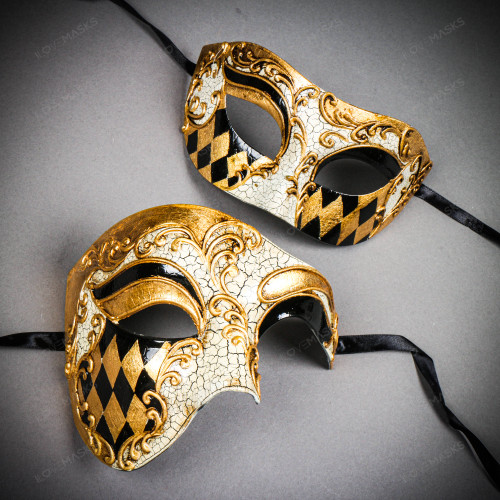 White & Gold Venetian Phantom Mask & White & Gold Venetian Eye Mask Couple Mask Set