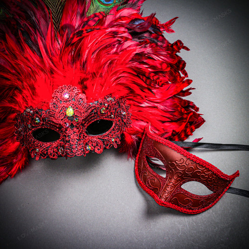 Red Feather Venetian Mask & Red Masquerade Mask Couple Mask Set