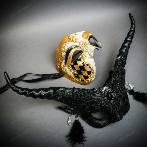White & Gold Venetian Phantom Mask & Masquerade Mask Couple Mask Set
