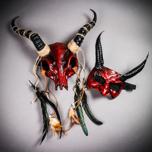 Bloody Red Pagan Skull Masquerade & Demon Devil Horn Couple Mask Set
