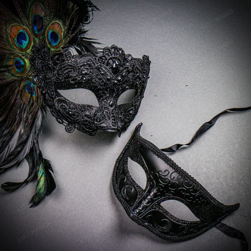 Black Feather Venetian Mask & Masquerade Mask Couple Mask Set