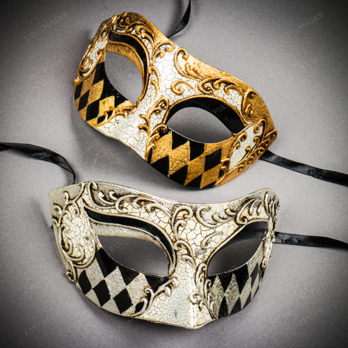 Gold & Silver Classical Venetian Harlequin Masquerade Eye Mask Couple Set