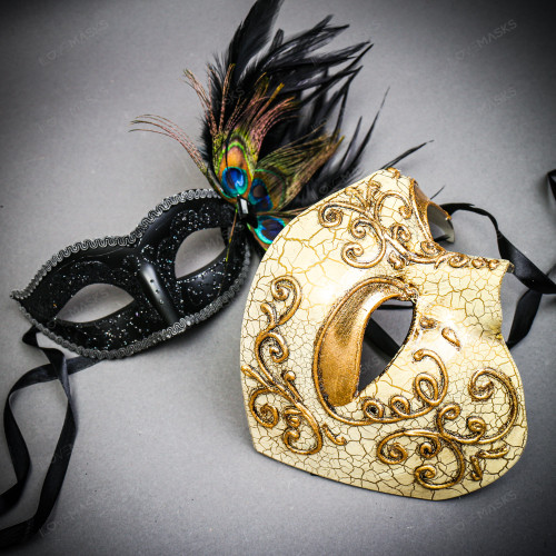 Gold Phantom Half Face & Black Peacock Feather Eye Mask Masquerade Mask Couple Mask Set