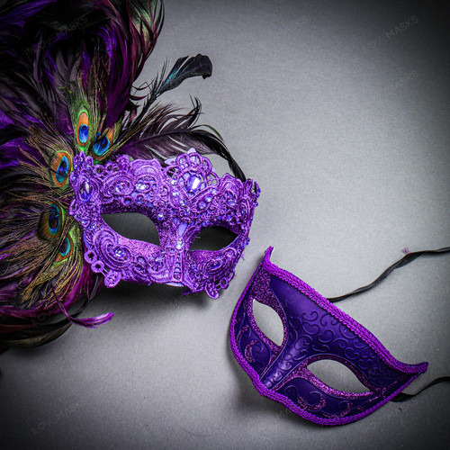 Purple Feather Venetian Mask & Purple Masquerade Mask Couple Mask Set