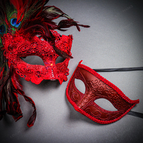 Red Feather Venetian Mask & Red Masquerade Mask Couple Mask Set