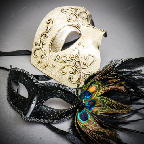 Silver Phantom Half Face & Black Peacock Feather Eye Mask Masquerade Mask Couple Mask Set