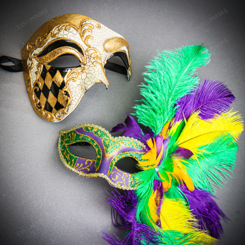 White Gold Venetian Phantom Mask & Mardi Gras Side Feather Eye Mask Masquerade Couple Mask Set