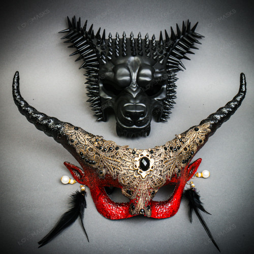 Red Gold Gothic Horned Lace Eye Mask & Black Spiked Wolf Mask Halloween Masquerade Couple Set