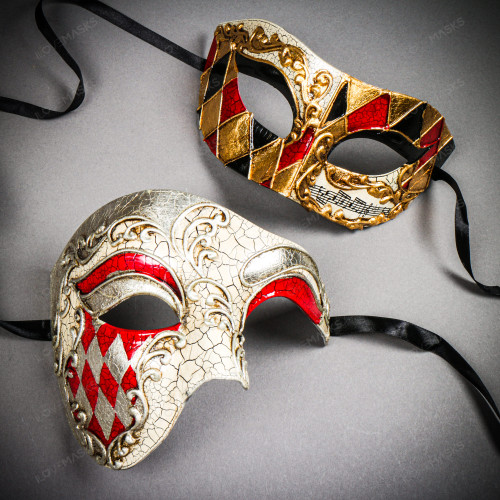 Silver Red Venetian Phantom of the Opera & Gold Red Harlequin Half Face Eye Mask Couple Masquerade Set