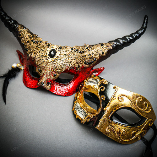 Black Gold Venetian Half Face Mask & Red Horned Devil Eye Mask Couple Masquerade Set