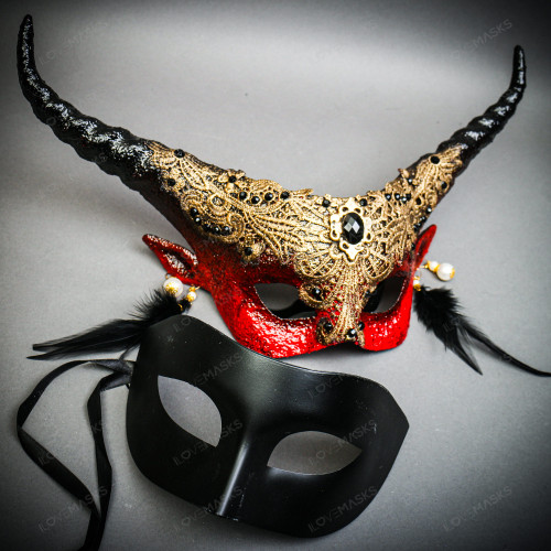 Red Gold Horned Devil Eye Mask & Black Half Face Masquerade Mask Couple Mask Set