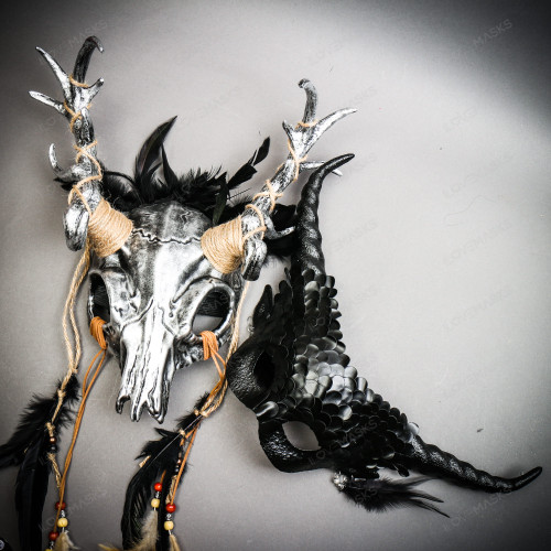 Silver Pagan Skull Antler Horns Mask & Black Dragon Scales Devil Eye Horn Mask Couple Mask Set