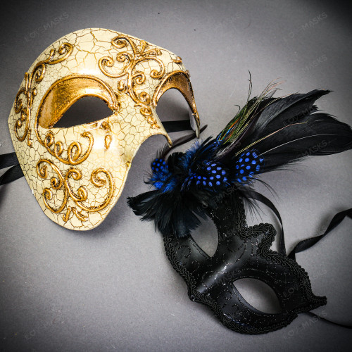 Venetian Gold Phantom Half Face Mask & Black Blue Feather Masquerade Couple Mask Set