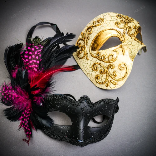Venetian Gold Phantom Half Face Mask & Black Pink Feather Masquerade Couple Mask Set