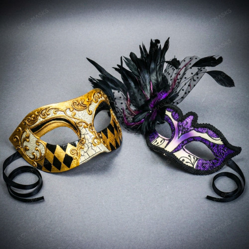 Venetian Gold Harlequin & Purple Feather Eye Mask Couple Masquerade Set
