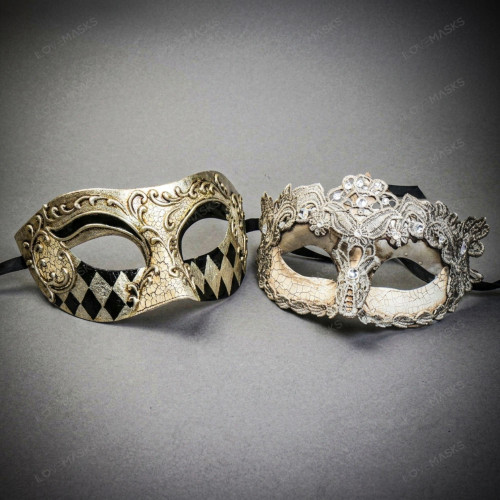 Silver Venetian Harlequin & Crystal Lace Half Face Masquerade Couple Mask Set