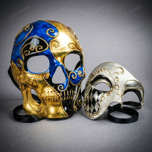 Silver Phantom and Blue Gold Dead of The Dead Skull Masquerade Mask Couple Mask