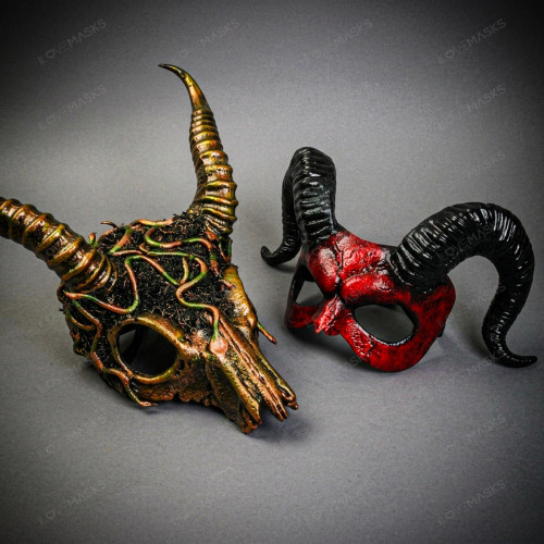Bloody Red Devil Ram Horns and Medusa Long Horns Masquerade Costume Party Masks for Couple