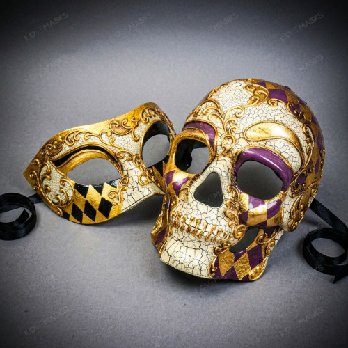 Black Gold Harlequin Venetian Mask & Purple Day of the Dead Sugar Skull Couple Mask Set