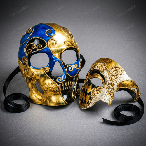 Blue Gold Day of the Dead Skull Mask & Gold Venetian Phantom of the Opera Mask Couple Masquerade Set