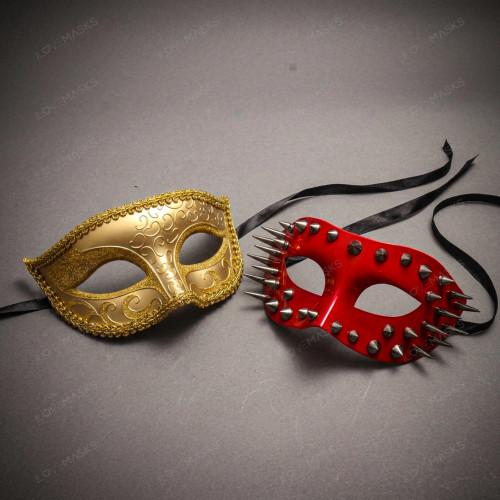 Red Steampunk Spike Mask & Gold Glitter Half Face Ball Masquerade Couple Mask Set