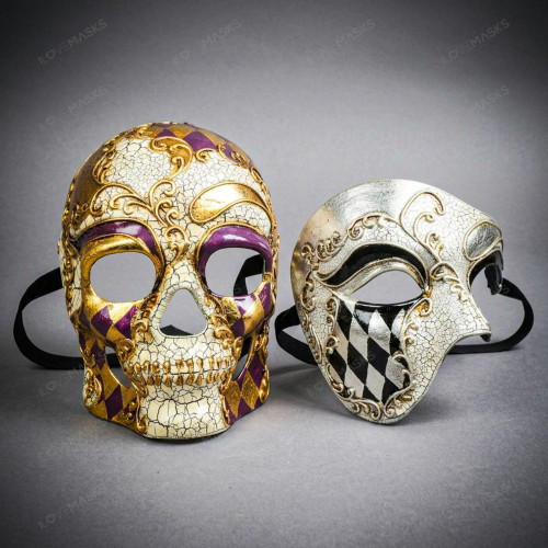 A pair of ornate masquerade masks featuring a purple and gold harlequin skull mask and a silver and black Venetian half mask with gold scrollwork and crackle finish, set against a gray background.