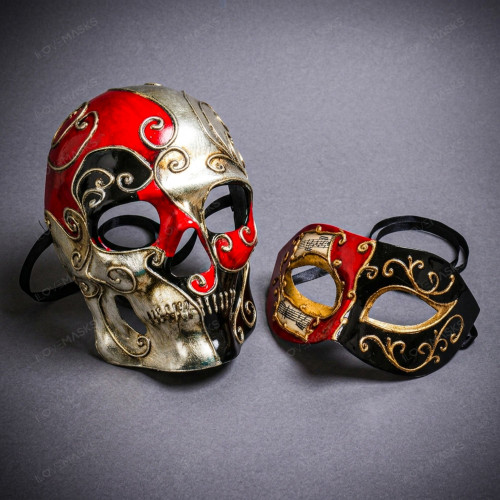 Venetian Red Silver Skull and Red Music Half Mask for Couple's Masquerade Mask