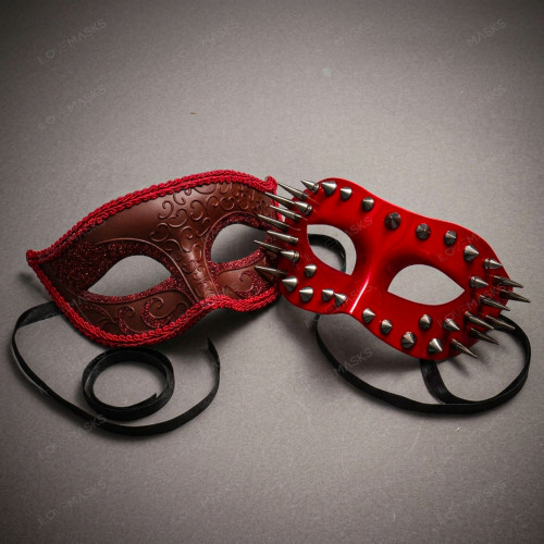 Red Steampunk Spike Mask & Red Glitter Half Face Ball Masquerade Couple Mask Set