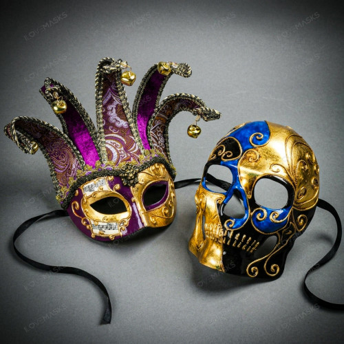 Venetian Masquerade Masks Jester with Bells and Skull Day of the Dead Couple Masquerade -Blue Gold Purple
