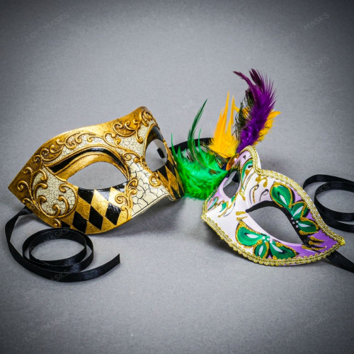 Gold Black Harlequin and Feathered Purple Green Floral Masquerade Couple Party Mask