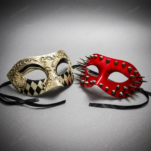 Steampunk Red Spikes and Silver Venetian Masquerade Couple Party Costume Masks