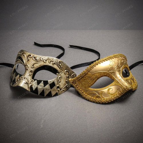 Gold and Black Harlequin Venetian Masquerade Costume Mask For Couple