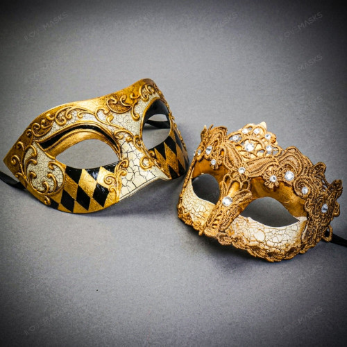 Gold Venetian Harlequin & Ivory Crystal Lace Masquerade Half Mask Couples Masquerade Set
