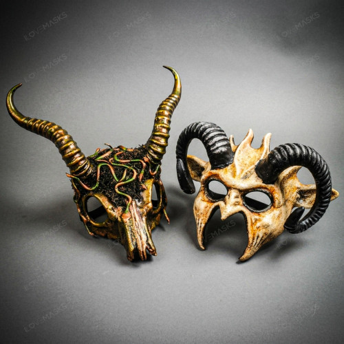 Monster Beast Large Ram Horns & Forest Pagan Animal Skull Horn Mask Couple Masquerade Set