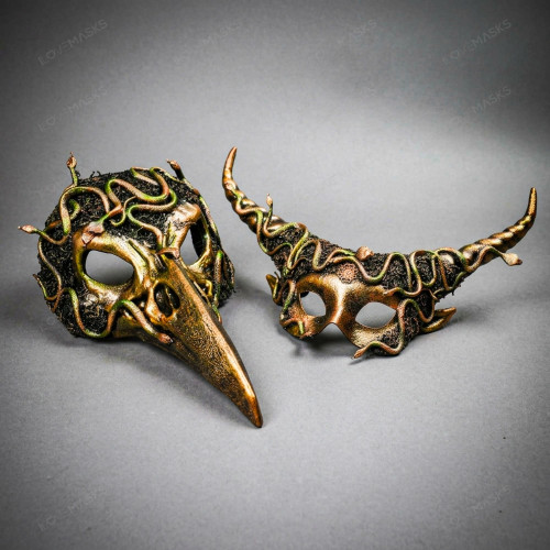 Men's Women's Bronze Bird Skull and Horned Medusa Masquerade Mask for Costumes