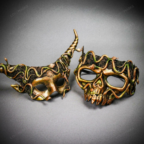 Mythical Horned Demon & Skull Snake Couples Masquerade Mask Set - Gold & Green
