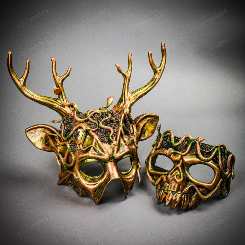 Enchanted Forest Spirit Stag & Skull Snake Couples Mask Set - Gold & Green