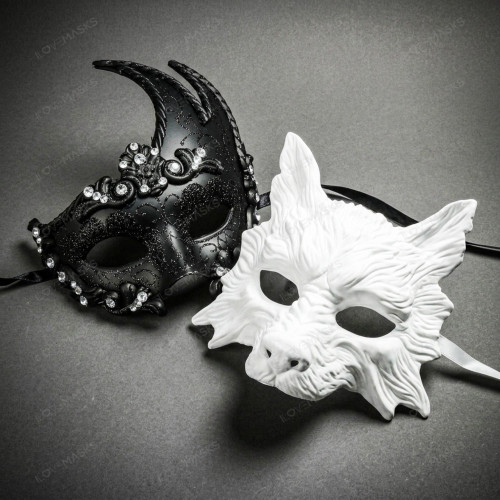 White Wolf Animal Mask & Black Swan Crystal Venetian Mask Couple Masquerade Set