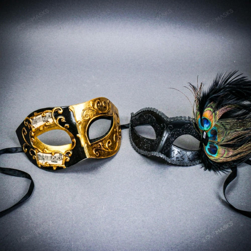 Gold Black Venetian Musical Half Mask & Black Peacock Feather Masquerade Couple Mask Set