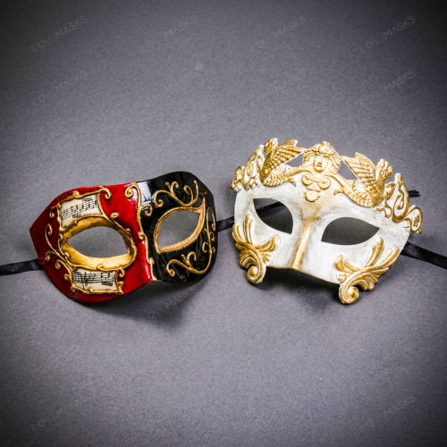 Red Black Venetian Musical Eye Mask & White Gold Winged Greek Warrior Masquerade Couple Mask Set